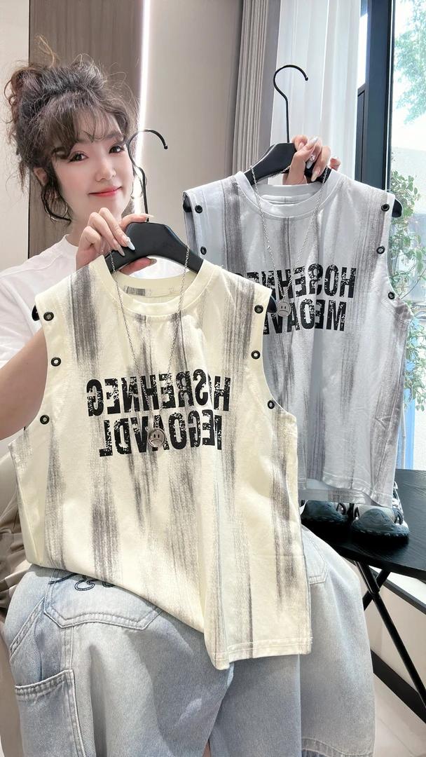 亲子款儿童男童圆领无袖背心中大童韩版宽松T恤T68纯棉ins