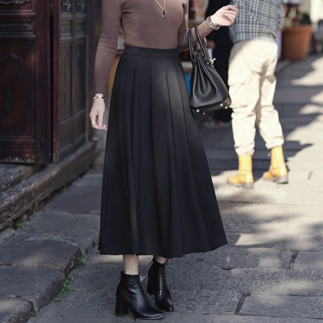 黑色a字半身裙大方得体绝美冬裙女2025新款百褶裙大码胖mm遮肚子
