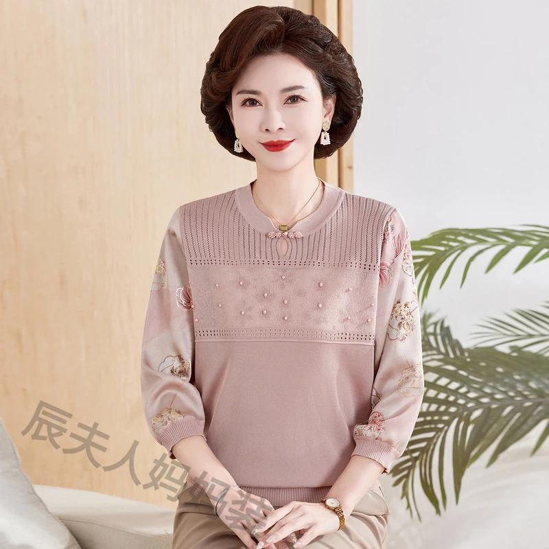 妈妈春夏装新款薄纱袖针织绣花小衫时尚中老年女春季洋气减龄上衣