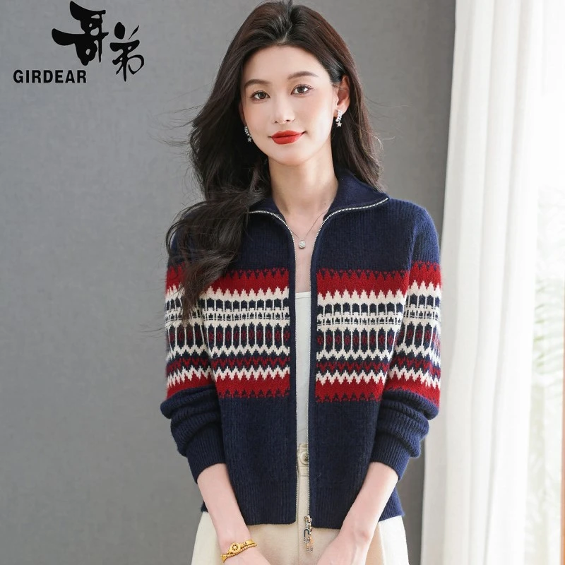 哥弟正品新款女羊毛针织衫女士秋冬加厚拉链开衫休闲时尚宽松上衣