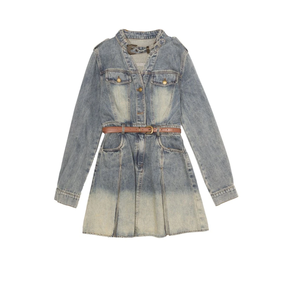 B2057春季新款韩版复古气质长袖牛仔连衣裙