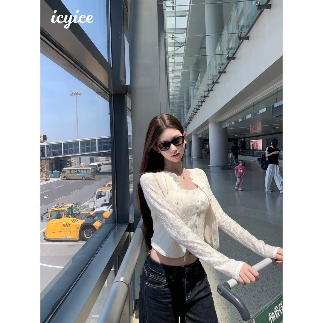 icyice 新品 卢浮戏梦 提花针织肌理感开衫吊带背心裙三件套