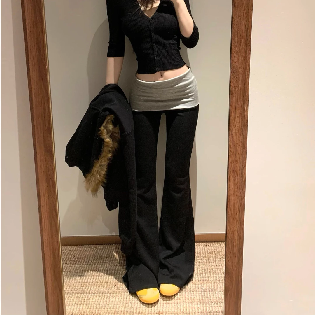 美式拼色辣妹低腰微喇叭休闲裤女秋冬加绒修身显瘦瑜伽运动长裤女