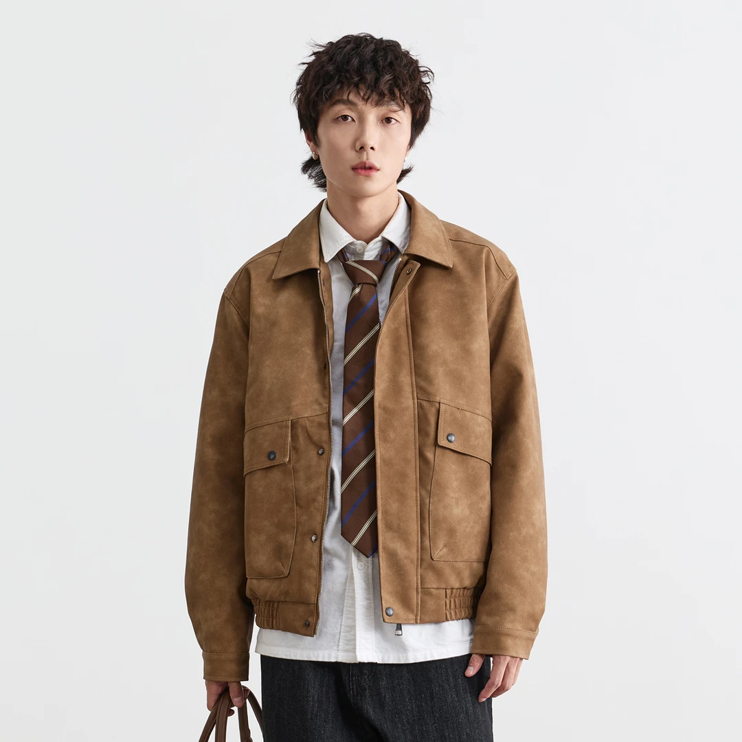 男生外套秋冬男士工装加厚麂皮外套皮衣美式夹克外套男夹克短款