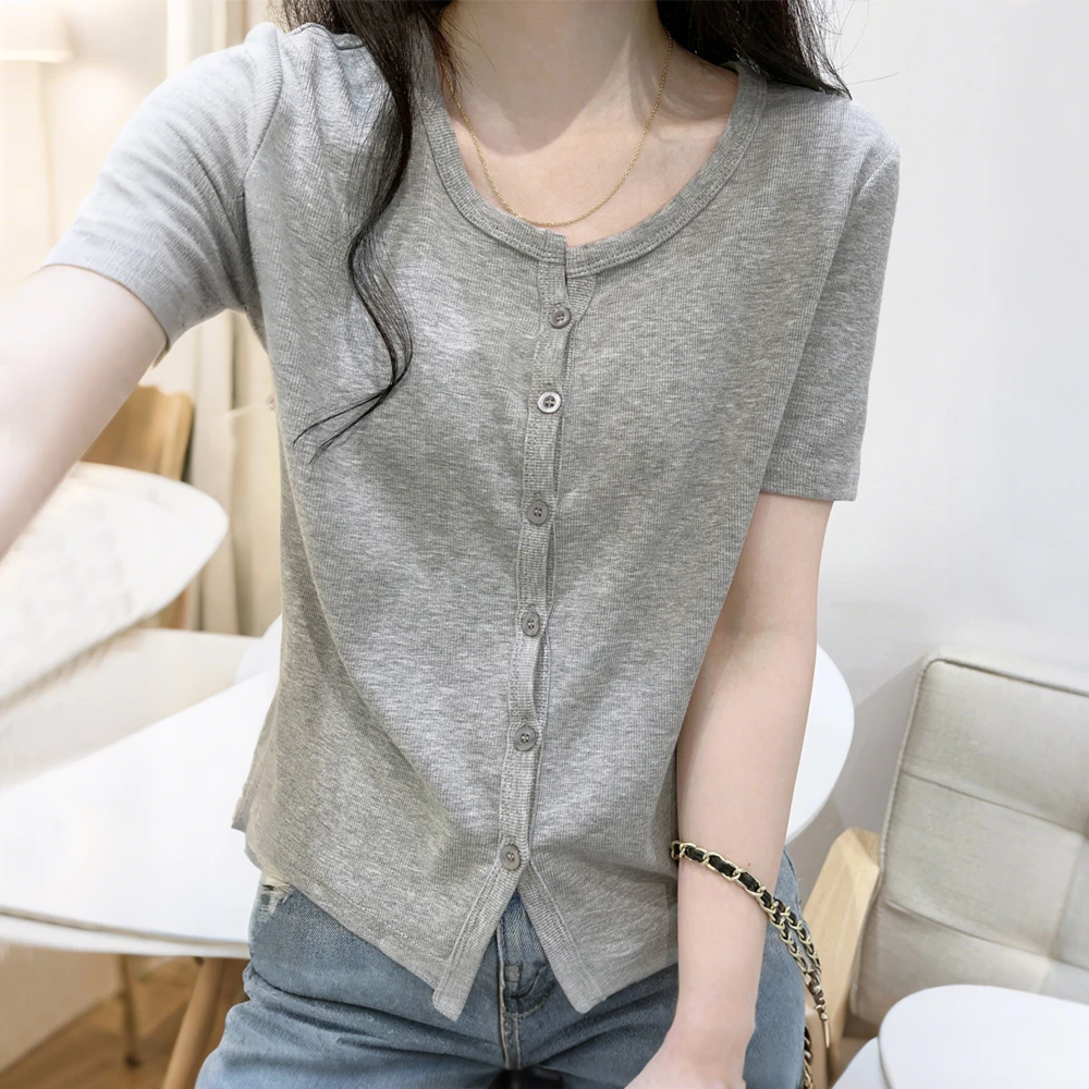 欧货正肩圆领螺纹棉短袖T恤女2025夏季款小个子洋气独特别致上衣