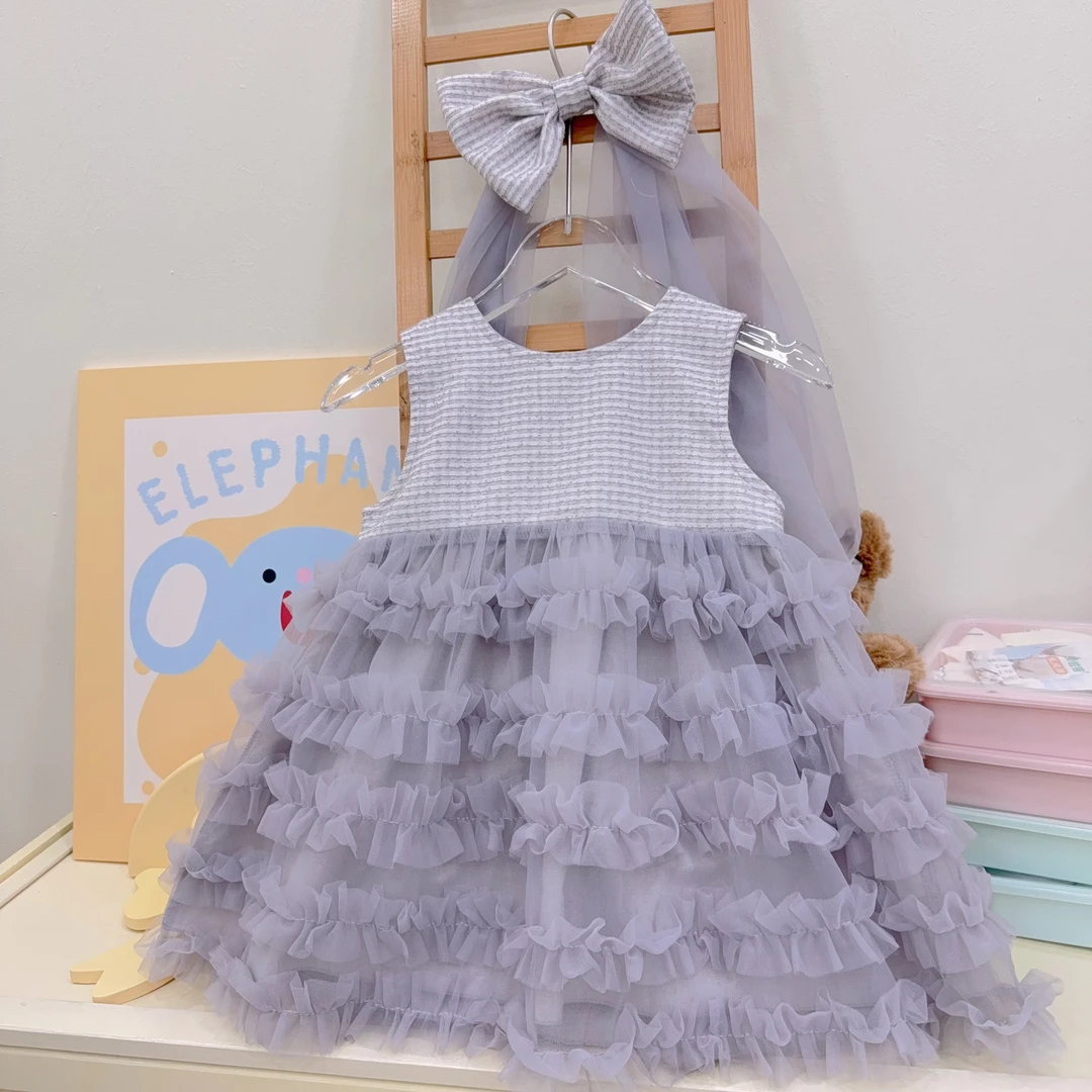 【XTL】2025新夏高级紫蛋糕蕾丝裙带头纱生日礼服裙9350