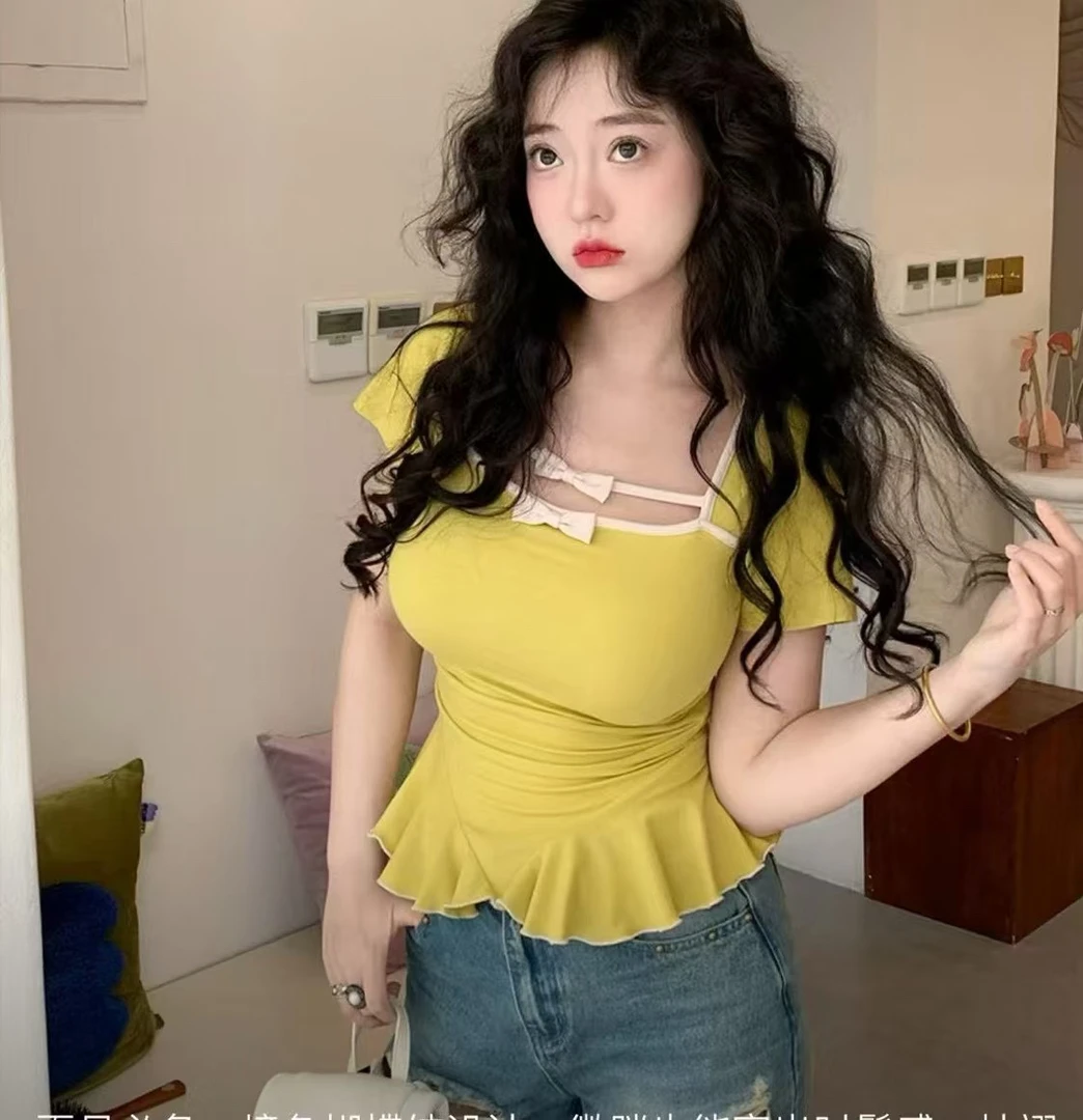 依依大码女装6823夏季半袖蝴蝶结纯欲天花板打底衫显瘦百搭上衣