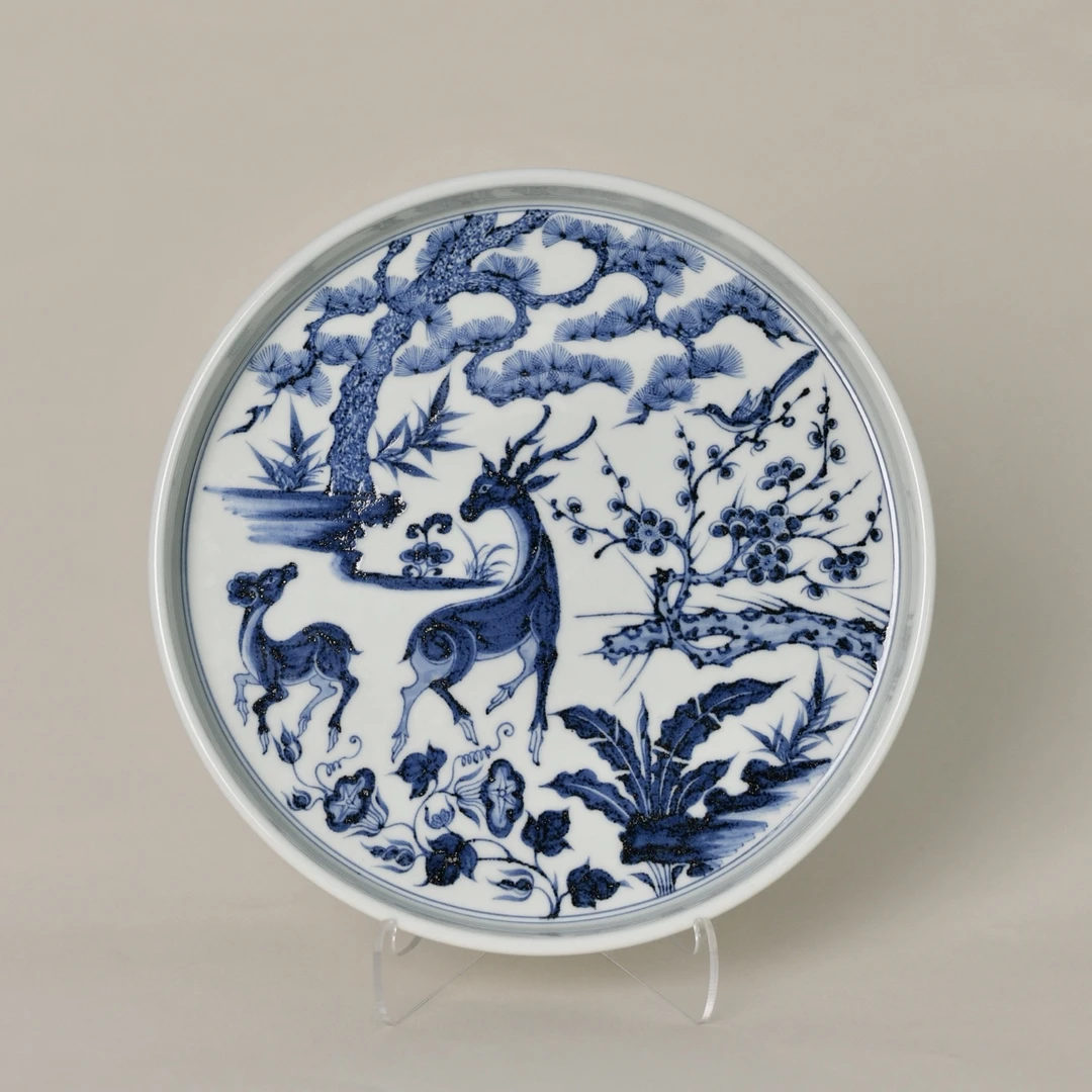 明续幽蓝青花鹿壶承景德镇手绘仿古陶瓷茶盘