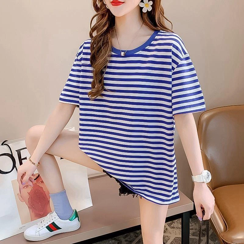 胖mm蓝白条纹海魂衫短袖t恤女夏装韩版宽松显瘦遮肚上衣舒适潮流