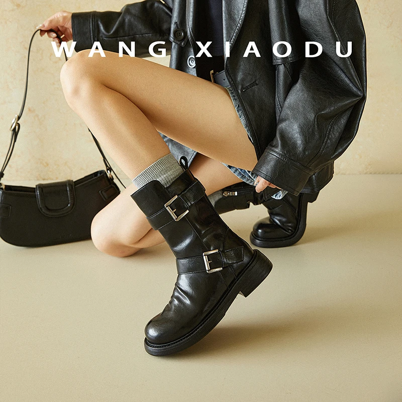 【王小毒】年年●4cm粗跟骑士靴女朋克机车方扣复古中筒牛仔短靴