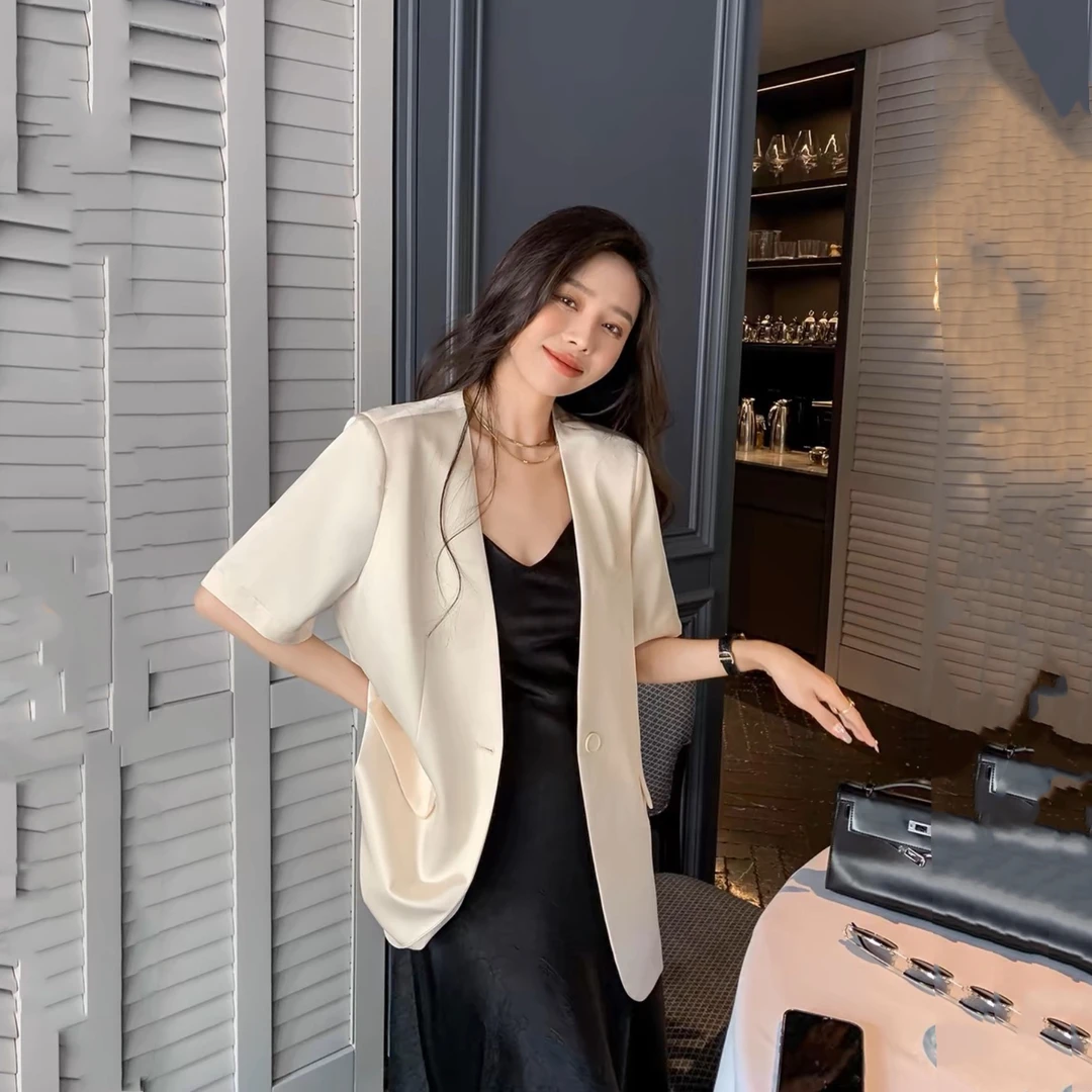 醋酸缎面西装外套女薄款短袖细腻光泽西服休闲垂感韩系小西装夏