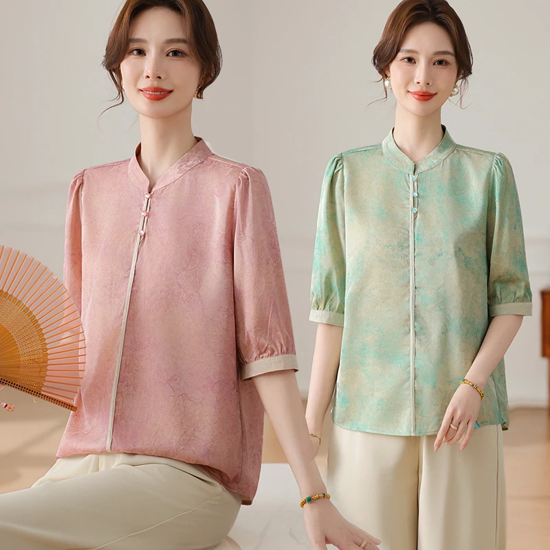 时尚妈妈夏装套装新款中老年女透气上衣宽松中年人休闲两件套