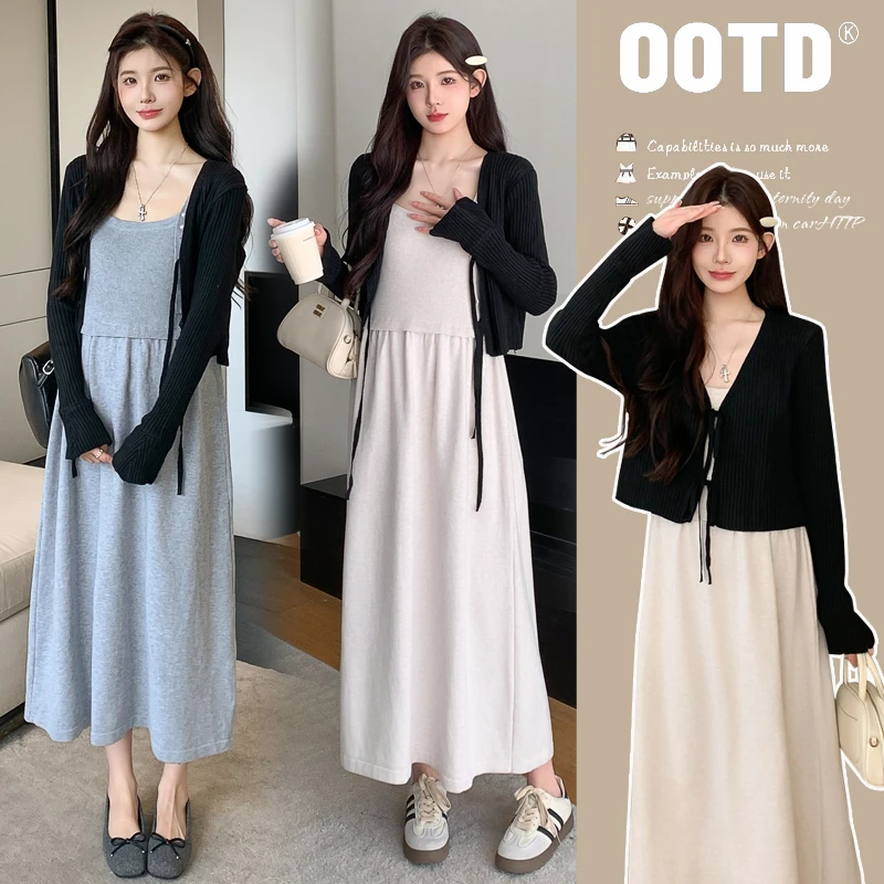 { 糕糕 }孕妇装2025秋冬新款设计感气质系绳开衫+吊带裙套装