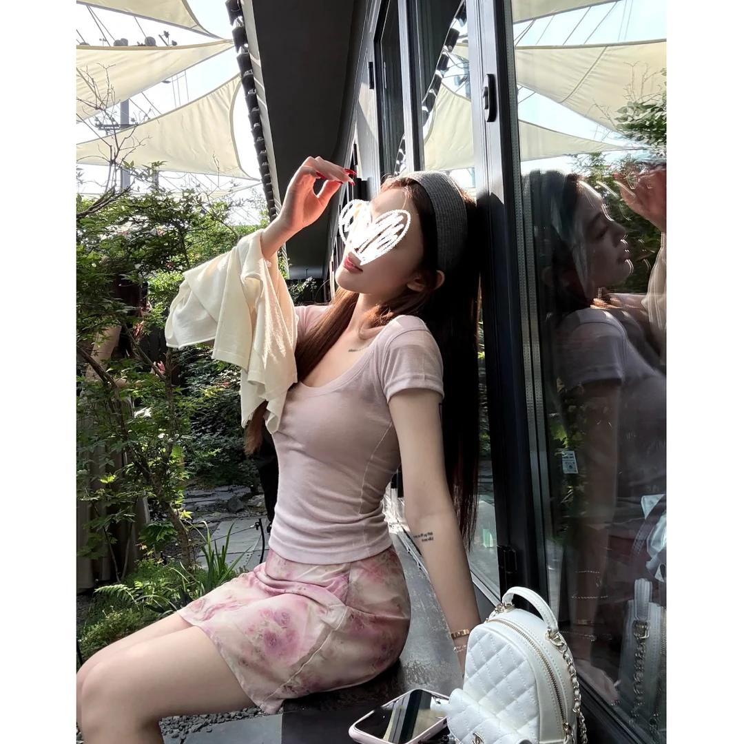 正肩纯色大U领短袖上衣水墨晕染半身裙#9215