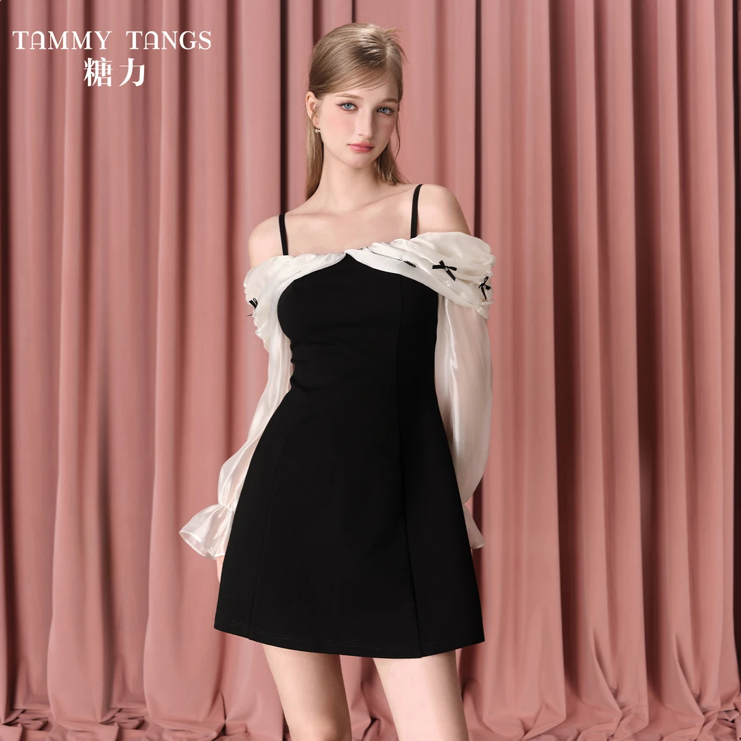 【若谷专属】糖力甜美千金裙秋新款长袖拼接吊带一字肩连衣裙女