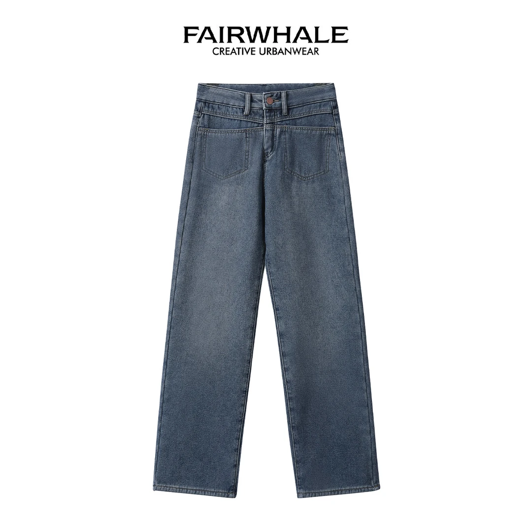 马克华菲女装复古加绒阔腿牛仔裤F34037A039 LL