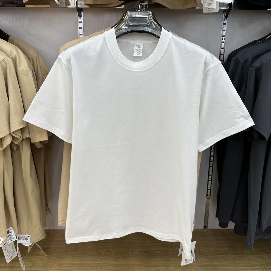 1910107-08夏季圆领落肩短袖休闲宽松男女同款T恤纯棉短袖纯色