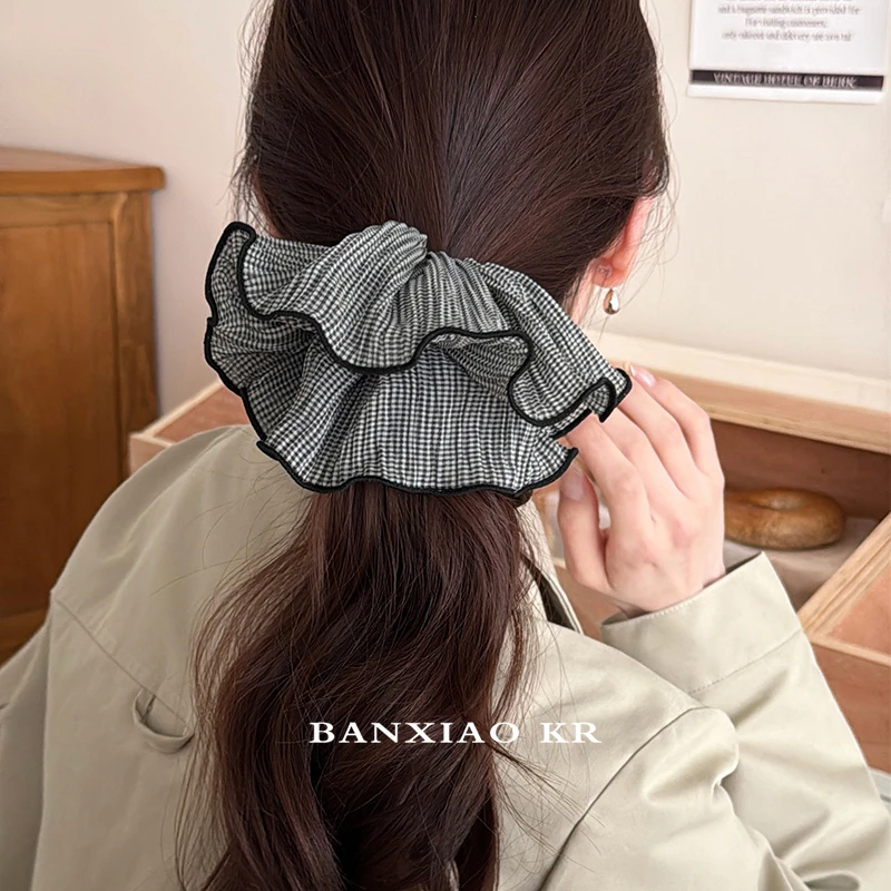 高级感简约褶皱格子欧根纱气质大肠圈女气质优雅后脑勺扎头绳发饰
