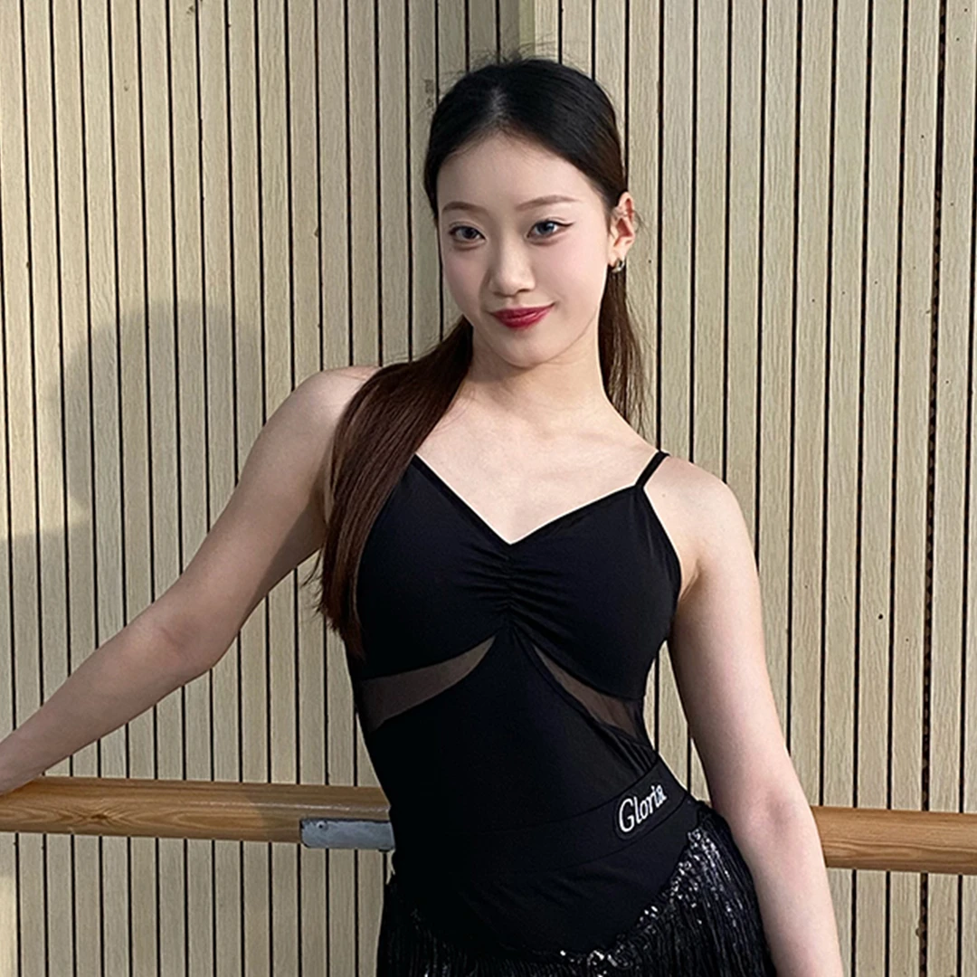 歌瑞亚拉丁舞服练功服女成人舞蹈服新款网纱V领吊带拉丁训练服150