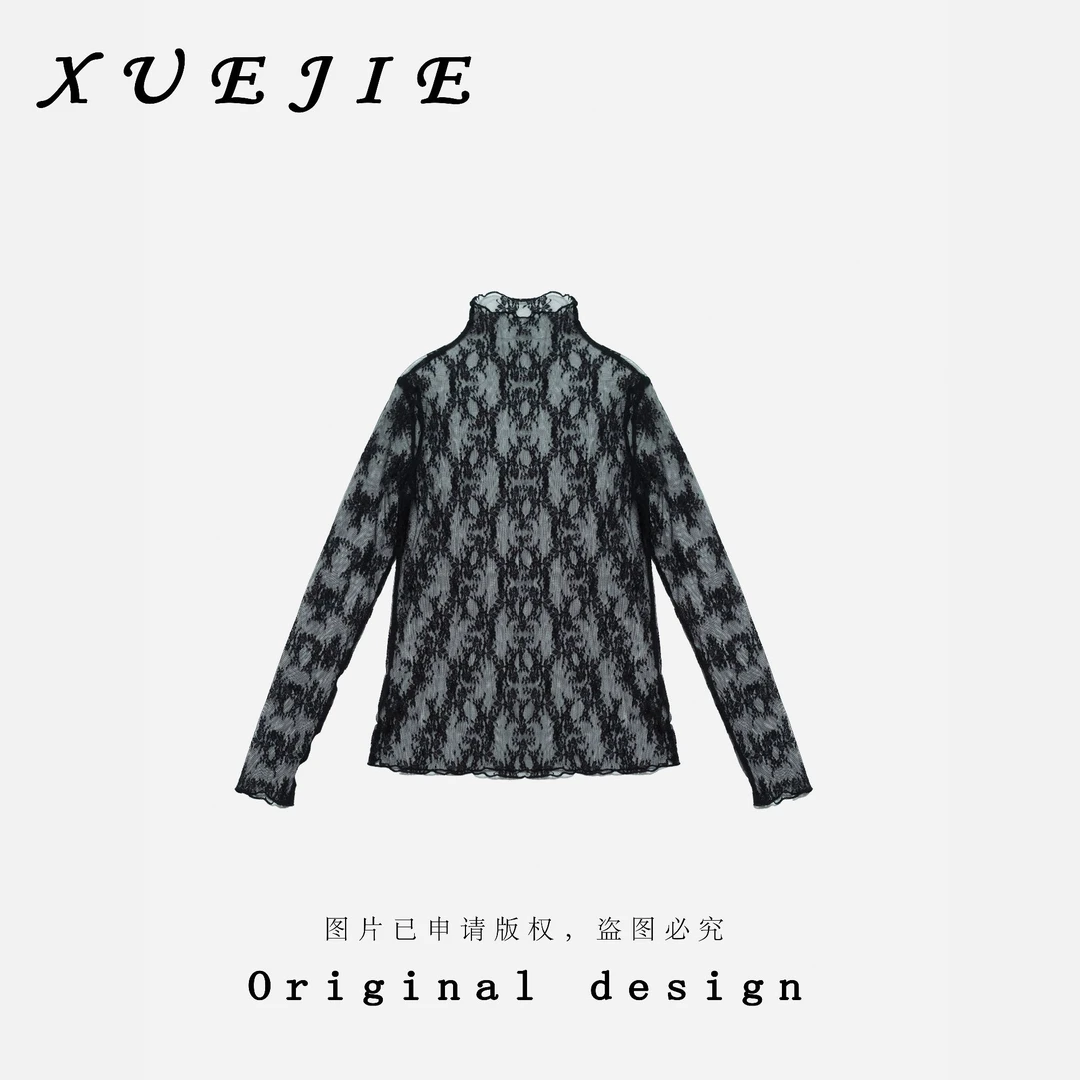 逸焰【雪姐网纱矮领】-矮领薄款网纱刺绣性感妖娆打底衫-90581