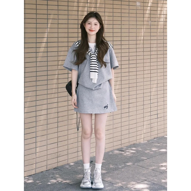 韩系减龄运动套装女夏季慵懒风假两件短袖高腰短裙披肩时尚三件套