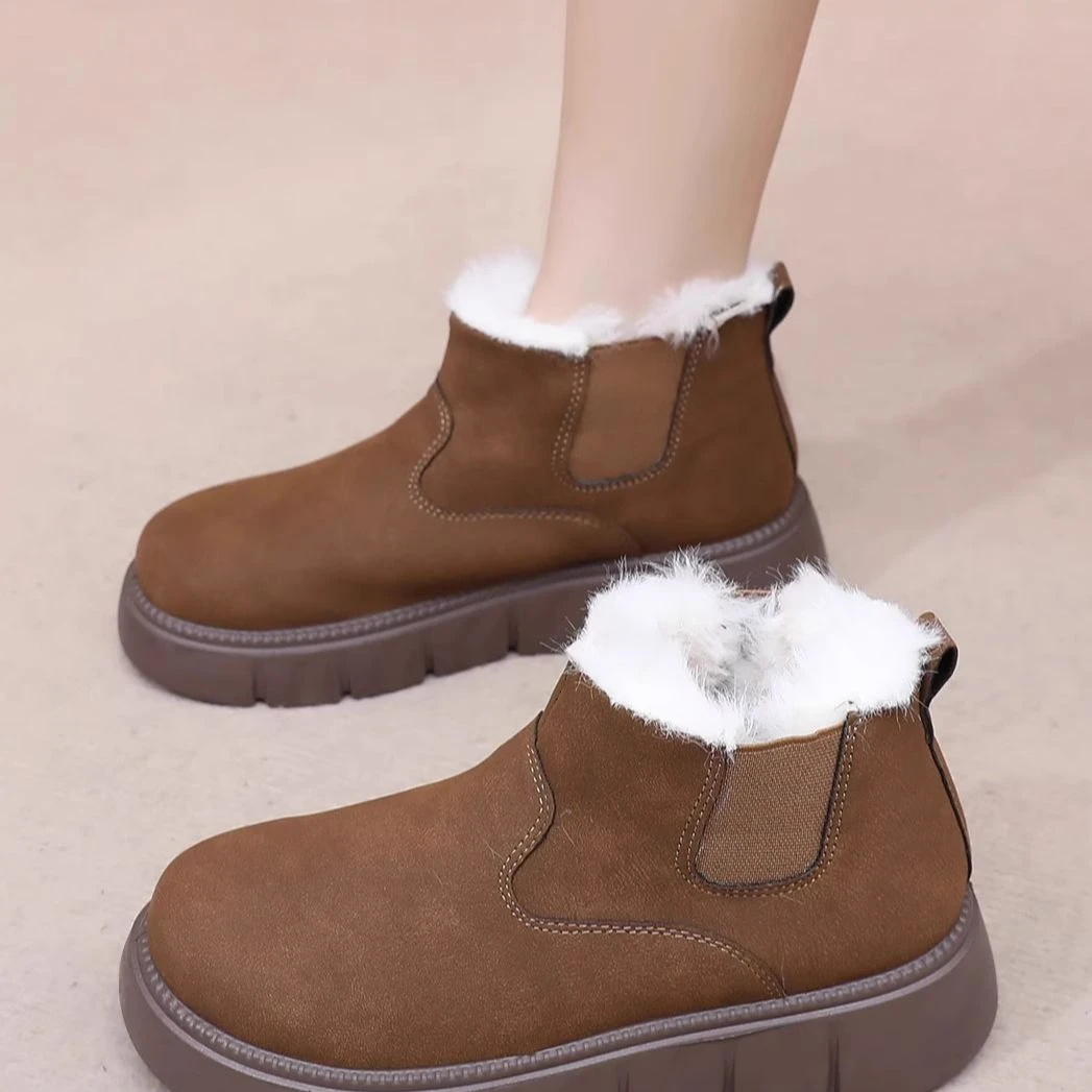 2025冬季新款老北京棉鞋加绒加厚雪地靴绵羊毛防滑一脚蹬妈妈棉靴