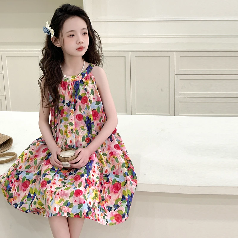 女生中大童夏季挂脖连衣裙宽松时尚2025新款学生女孩夏天碎花裙子