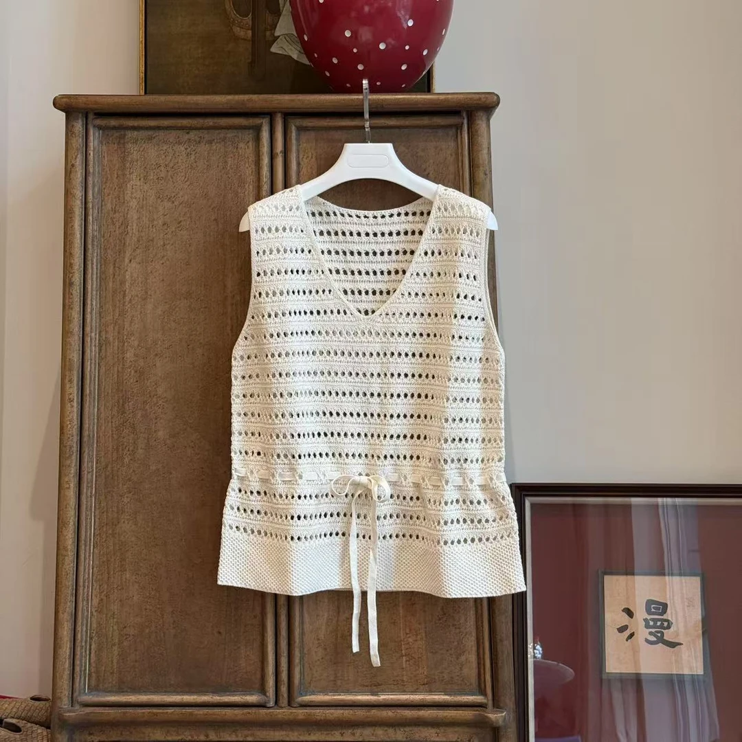 MYL  2025夏季新品和纸棉奶白色镂空针织衫V领无袖抽绳宽松背心