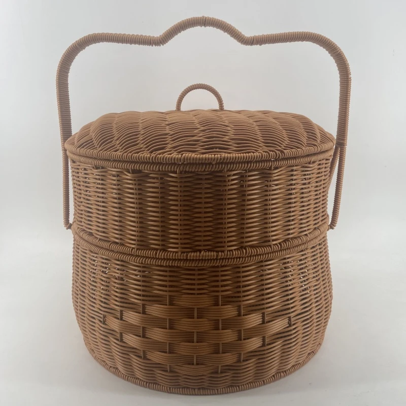 A170棕色圆形收纳双层加固带盖野餐篮特大40*30