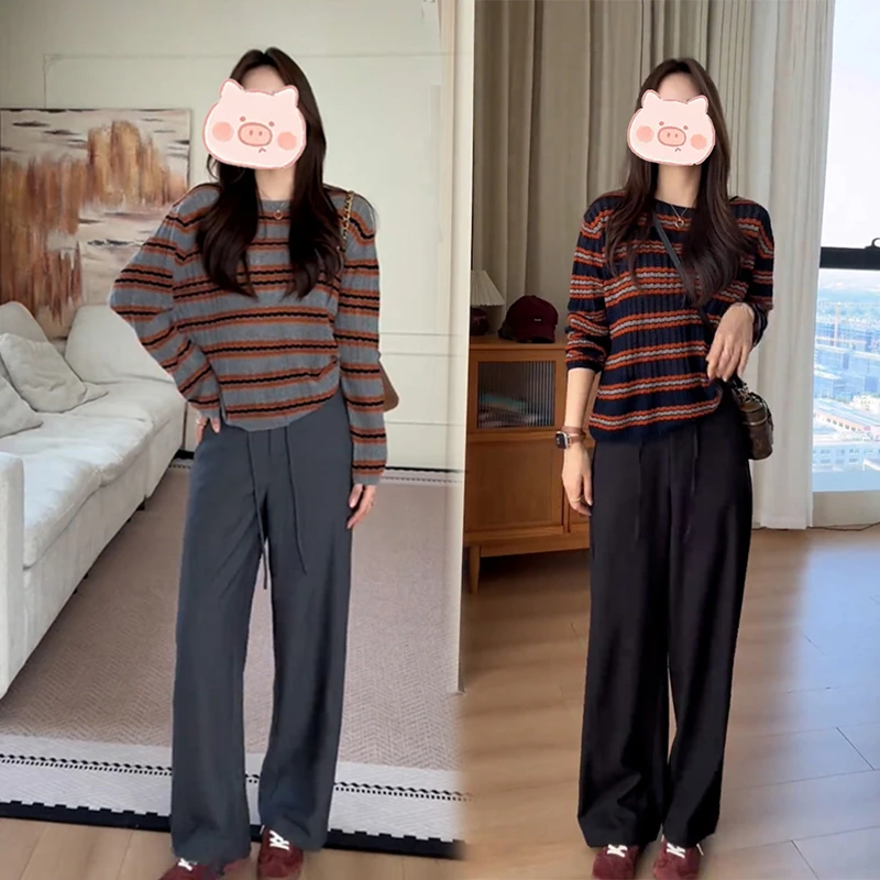 韩系慵懒风撞色条纹套头毛衣女2025秋季新款宽松显瘦休闲针织套装
