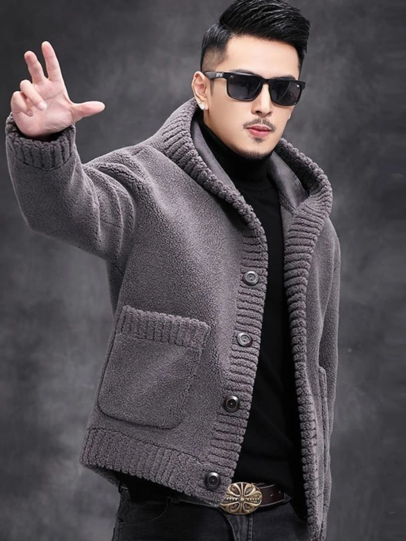 昆加希毕欧洲站新款羊羔绒外套男秋冬季加绒加厚时尚保暖夹克上衣