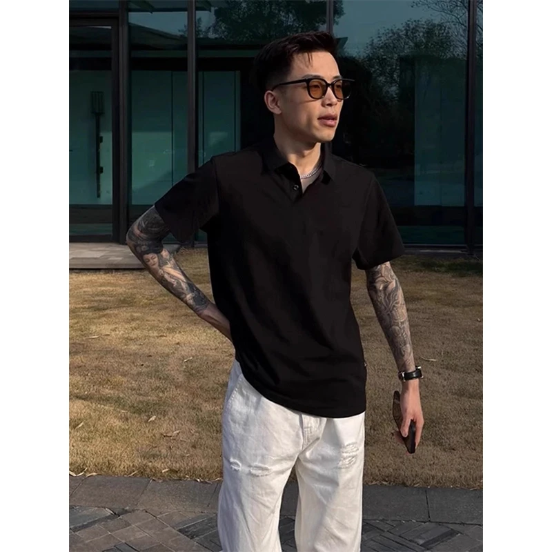 黑色短袖男polo衫夏成熟稳重男装正肩t恤高级感痞帅重磅休闲半袖