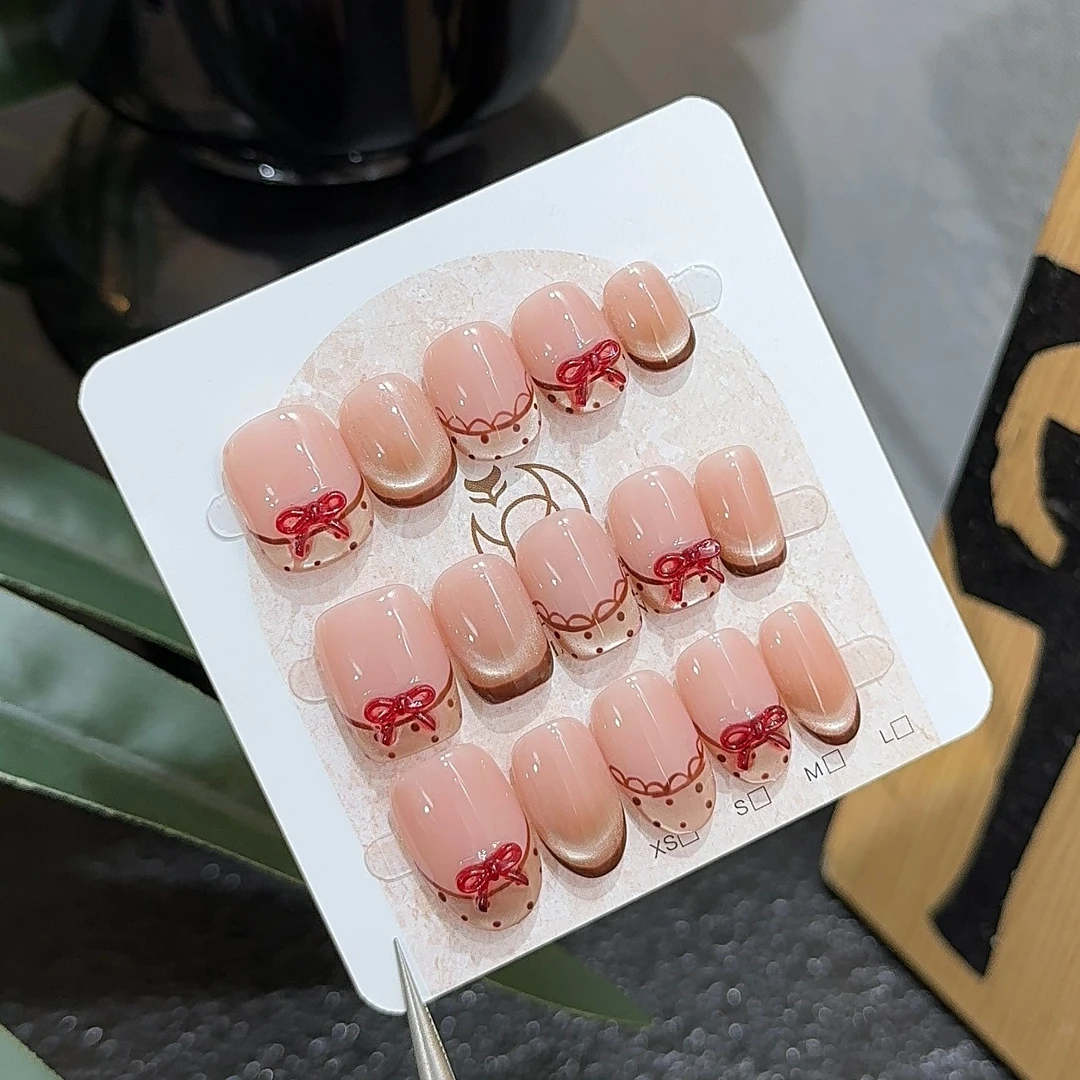 狐甲一方【泡泡莓果】可爱波点法式蝴蝶结短甲日常百搭手工穿戴甲
