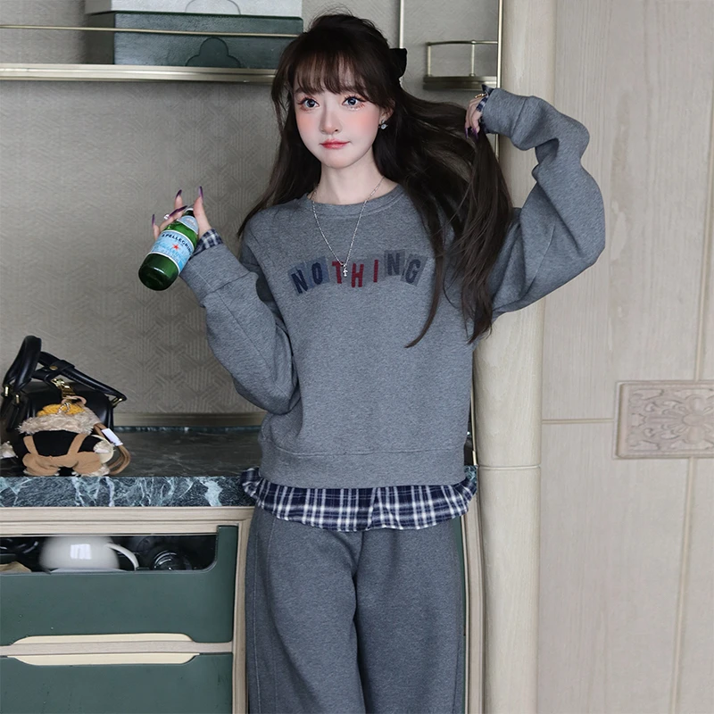 【现货】MIUCO时尚字母拼接格纹衬衫假两件卫衣