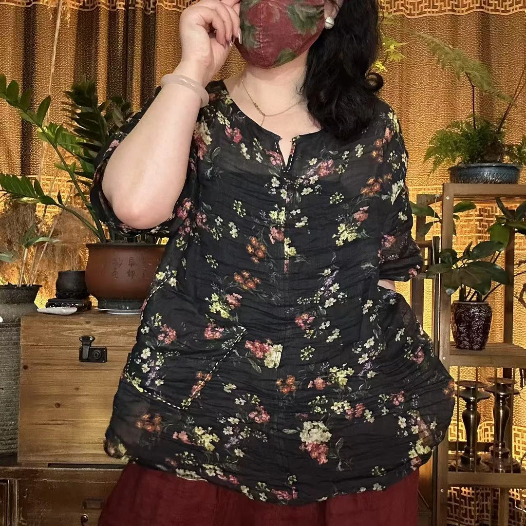 麻四-原创苎麻数码印花夏季时尚百搭复古碎花显瘦民族风女士上衣