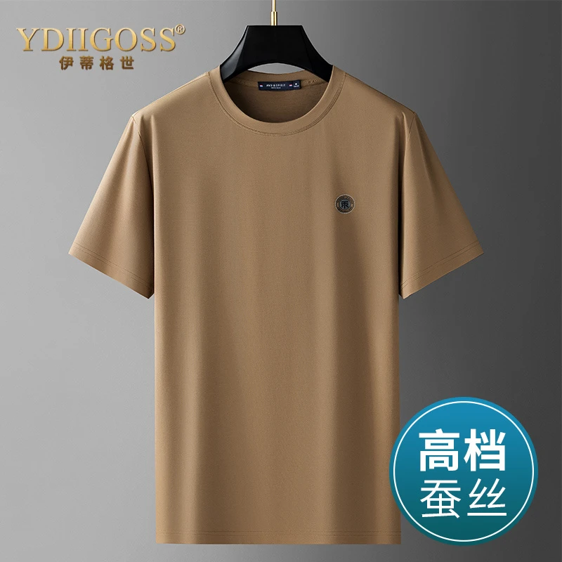 YDIIGOSS蚕丝运动T恤男夏季薄款短袖体恤宽松版抗皱冰丝圆领上衣