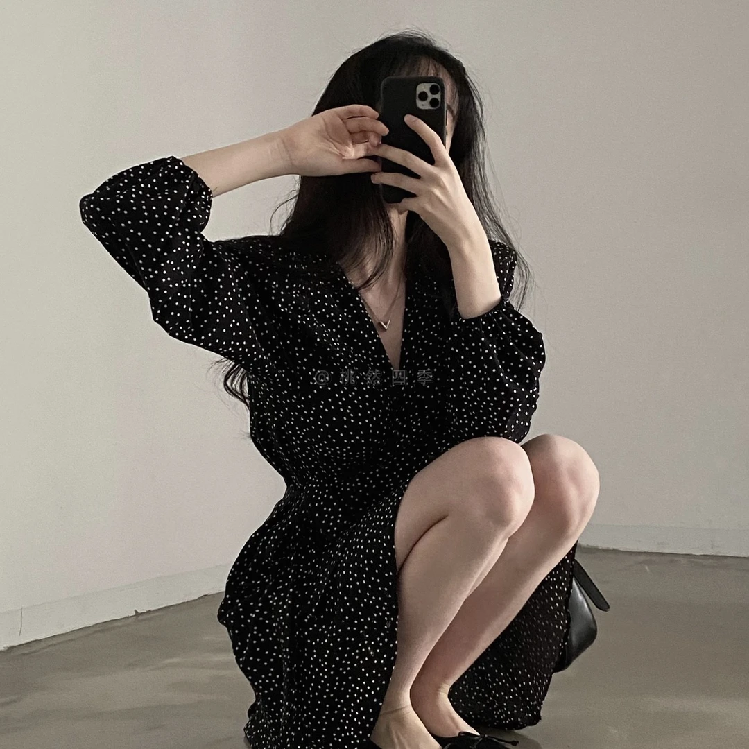 秋装新款韩版大码桑稚同款波点一片式V领连衣裙系带裙