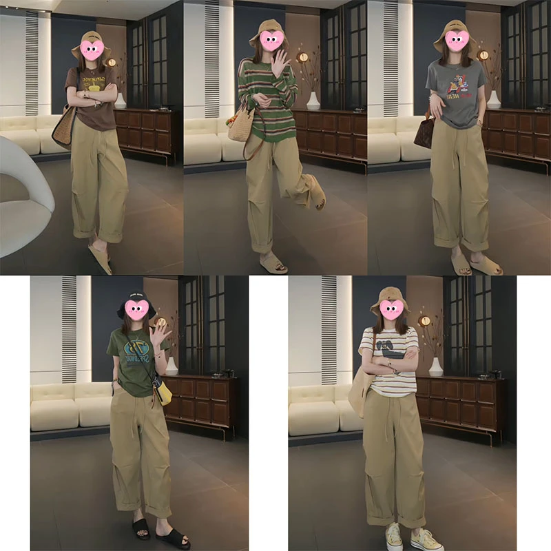 韩版复古压褶工装裤女夏季新款时尚百搭洋气防晒宽松显瘦阔腿裤潮