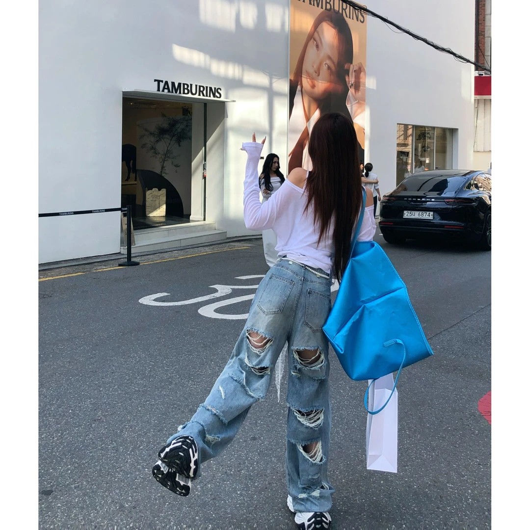 李婉君夏季高街破洞阔腿牛仔裤显瘦洋气高腰薄款百搭秋季休闲设计
