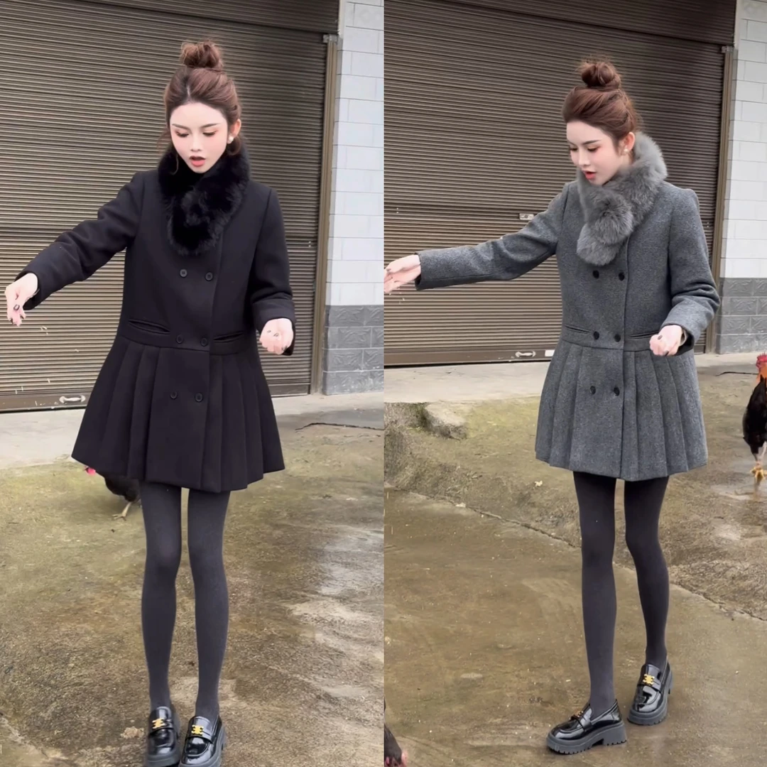 秋冬新款法式小香风气质百褶连衣裙外套