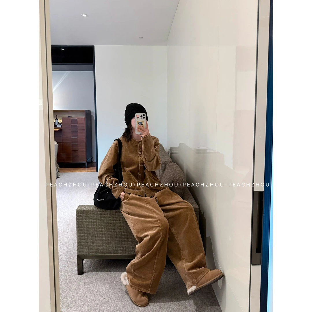 『PEACHZHOU』焦糖灯芯绒宽松圆领系扣外套休闲松紧腰中线阔腿长裤