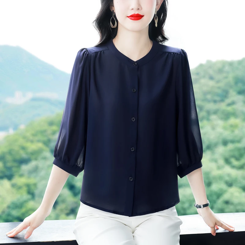 2025夏季新款洋气七分袖上衣气质减龄时尚百搭中袖妈妈衬衫女