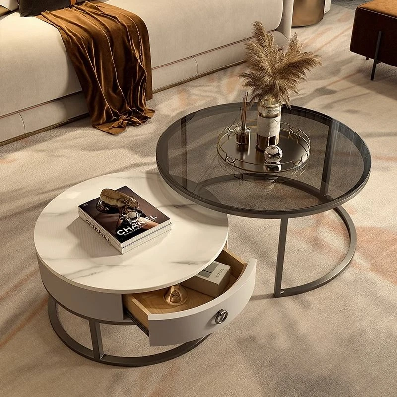 北欧圆形茶几小户型钢化玻璃岩板轻奢客厅家用茶几桌简约现代创意