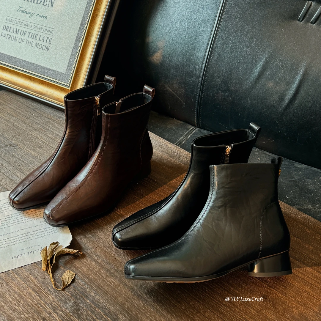 H158-189秋冬季2025新款低跟女短靴加绒切尔西靴妈妈短筒靴粗跟靴