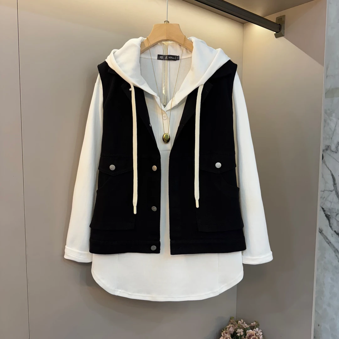 2025早春新款工装韩系大口袋设计连帽休闲百搭马甲减龄显瘦套装