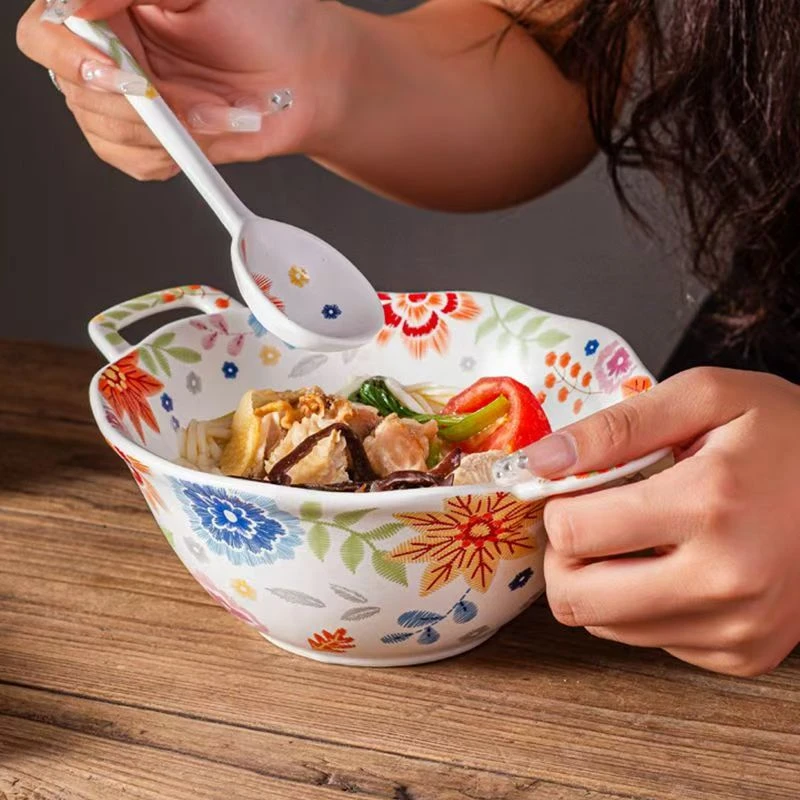 锦绣江南双耳吃饭面碗餐具陶瓷7英寸大号家用大容量漂亮2024新款