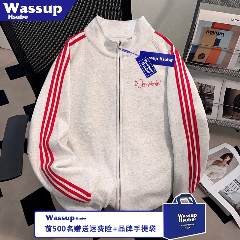 WASSUP HSUBE秋季拉链卫衣艺术字母男女款开衫印花设计三条杠外套