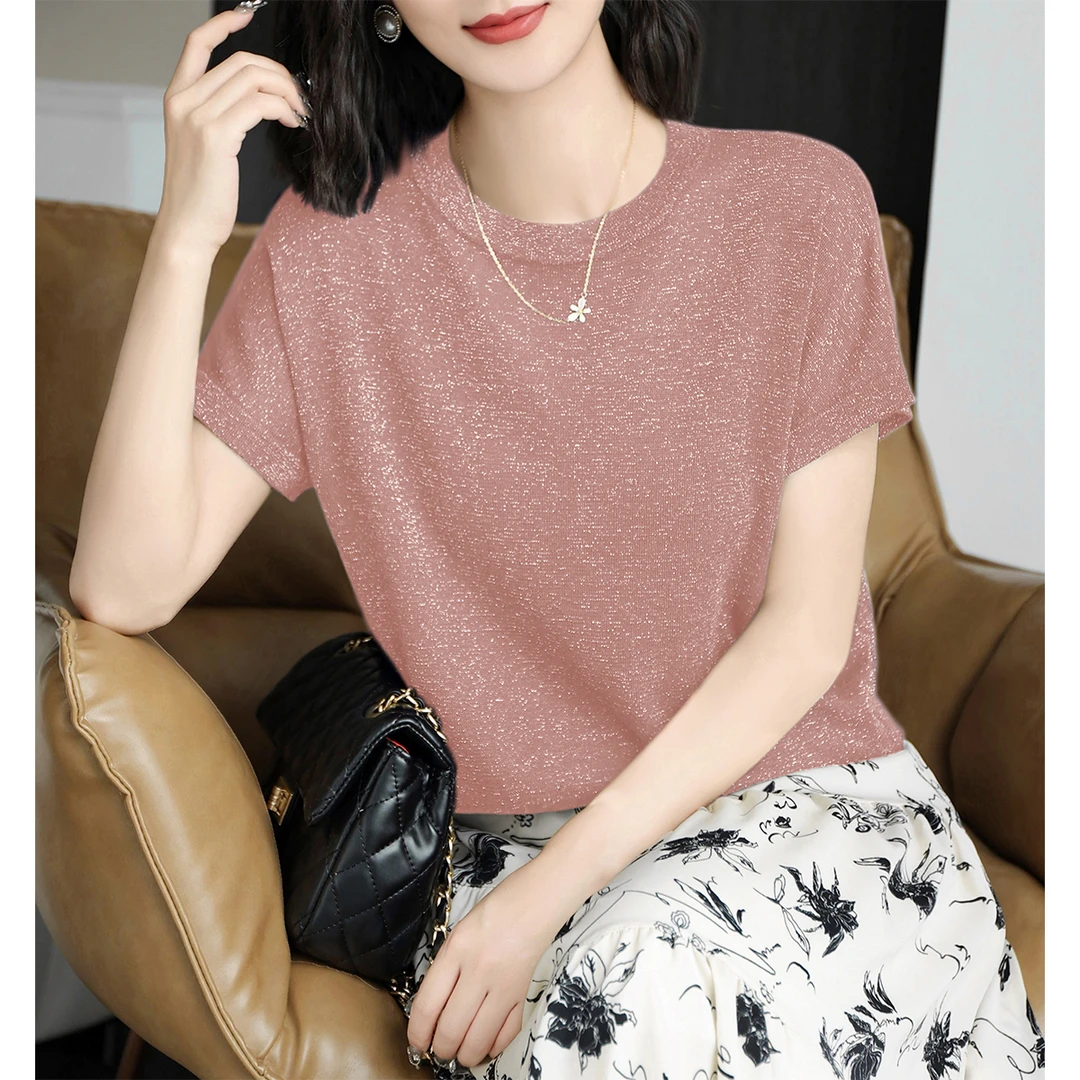 粉色细闪圆领套头修身显瘦小飞袖t恤针织衫女装夏季时尚百搭上衣