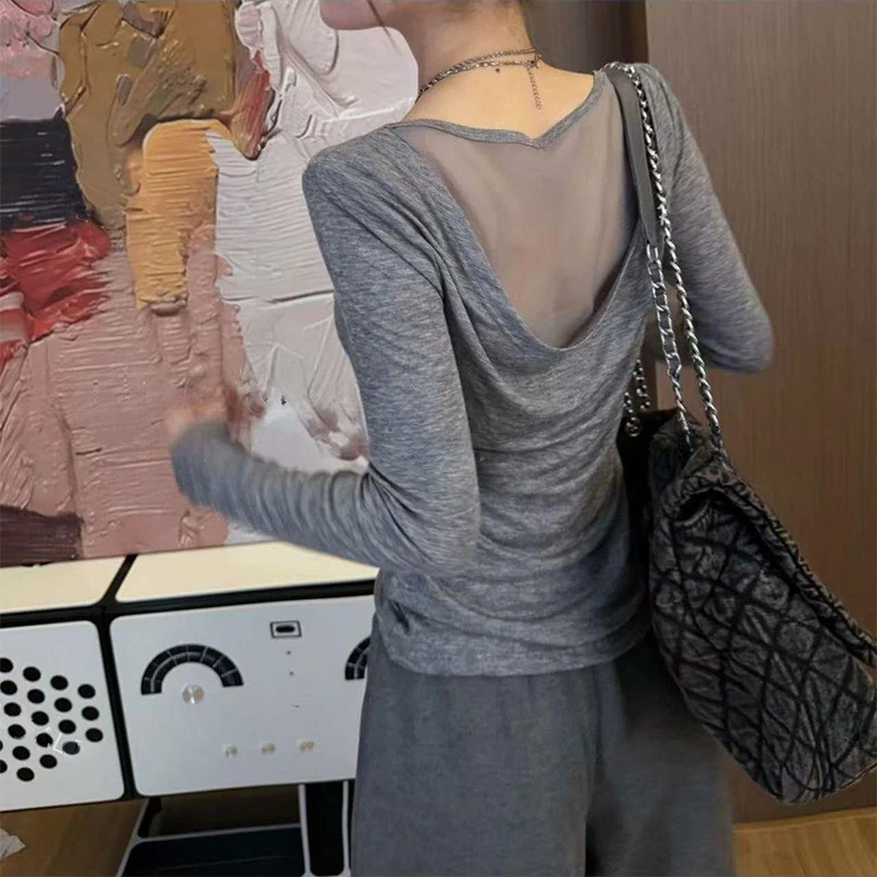 港风复古假两件网纱长袖t恤女春秋设计感小个子超火减龄防晒罩衫