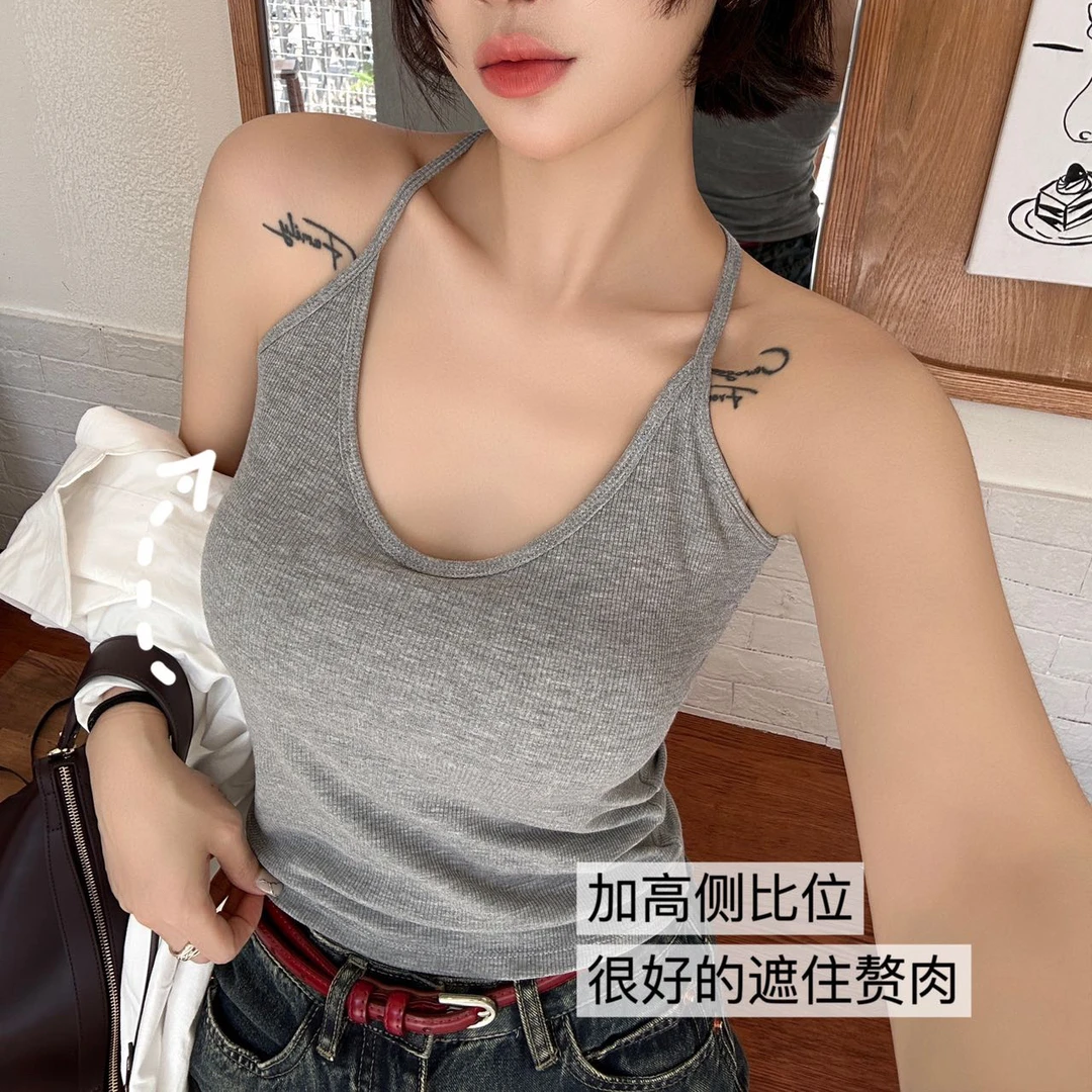 【质量版】挂脖吊带背心女带胸垫纯欲风性感辣妹收腰显瘦外穿内搭